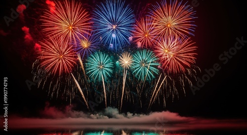 Spectacular fireworks display with vibrant red, blue, green, and gold bursts across the night sky. Multiple starburst patterns reflect in water below, surrounded by colorful smoke.