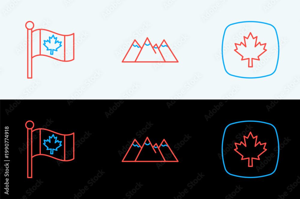 Obraz premium Set line Canadian maple leaf, Flag of Canada and icon. Vector