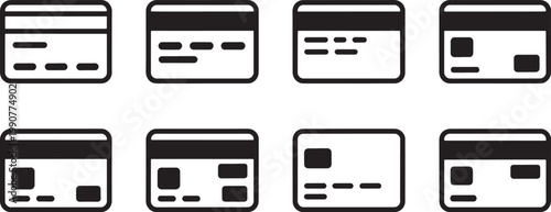 Credit cards are arranged in a grid of eight distinct icons displaying different magnetic stripe and chip configurations for diverse merchant payment terminals and banking security applications.