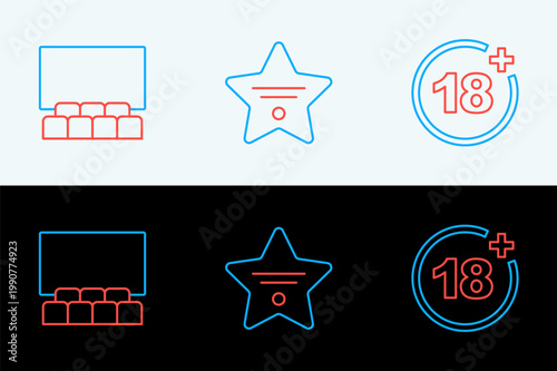 Set line Plus 18 movie, Cinema auditorium with screen and Walk of fame star icon. Vector