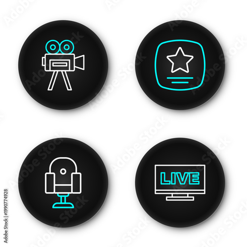 Set line Live stream, Director movie chair, Walk of fame star and Retro cinema camera icon. Vector