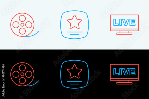 Set line Live stream, Film reel and Walk of fame star icon. Vector