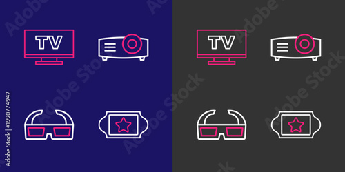 Set line Cinema ticket, 3D cinema glasses, Movie, film, media projector and Smart Tv icon. Vector