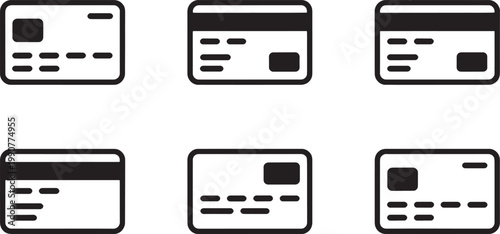Credit cards appear in a flat vector icon set showing various card designs including front and back orientations for financial transactions, banking services, and secure online shopping payment.