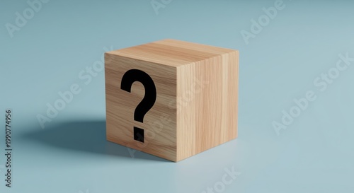 A wooden cube with a black question mark on its face against a blue background. Represents uncertainty, mystery, and problem-solving. Ideal for business presentations and decision-making concepts.