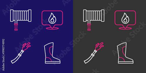 Set line Fire boots, hose reel, Location with fire flame and icon. Vector