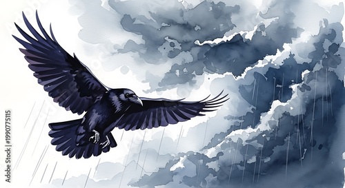 Majestic raven soaring through dramatic stormy skies with outspread wings