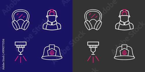 Set line Firefighter helmet, sprinkler system, and Gas mask icon. Vector