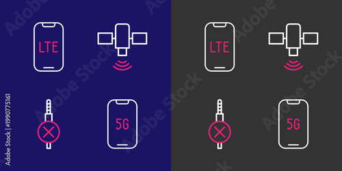 Set line Mobile with 5G, No audio jack, Satellite and LTE network icon. Vector