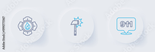 Set line Emergency call 911, Firefighter axe and icon. Vector