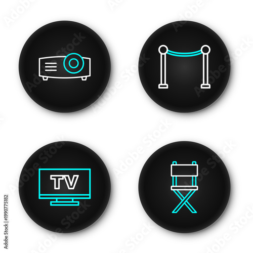 Set line Director movie chair, Smart Tv, Rope barrier and Movie, film, media projector icon. Vector