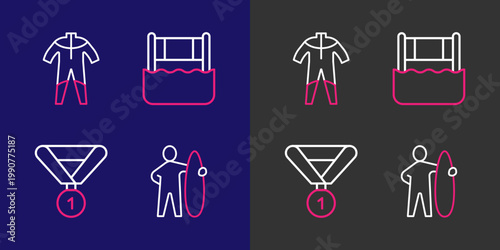 Set line Surfboard, Medal, Water volleyball net and Wetsuit for scuba diving icon. Vector