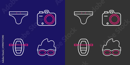 Set line Glasses for swimming, Boat with oars, Photo camera and Swimming trunks icon. Vector