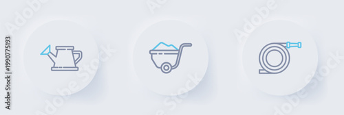 Set line Garden hose or fire hose, Wheelbarrow with dirt and Watering can icon. Vector