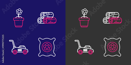 Set line Pack full of seeds of plant, Lawn mower, Wooden logs and Flower in pot icon. Vector