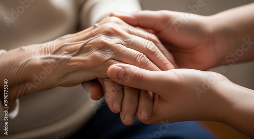 An elderly person's wrinkled hand rests on a younger hand in a gesture of comfort and care. This touching moment shows support, compassion, and connection between generations.