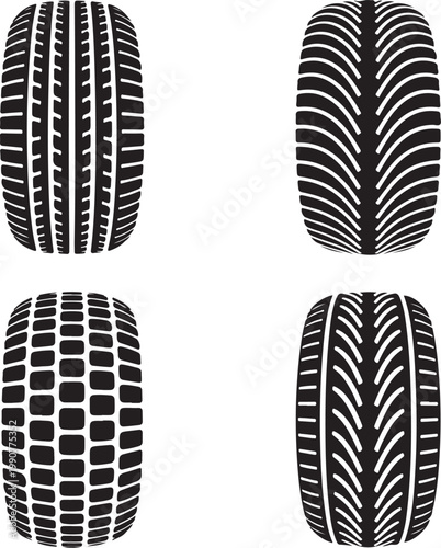 Four distinct tire tread patterns designed for various driving conditions and vehicles