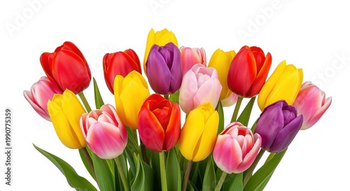 A vibrant bouquet of colorful tulips featuring red, yellow, pink, and purple blooms with green stems. Perfect for spring celebrations, gardens, floral designs, and home décor.