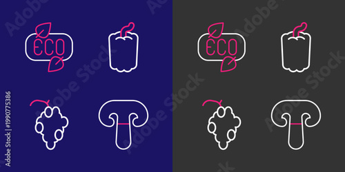 Set line Mushroom, Grape fruit, Bell pepper and Leaf Eco symbol icon. Vector