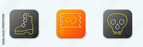 Set line Ancient viking boots, Viking flag and Skull icon. Vector