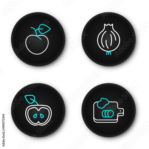 Set line Cutting board with vegetables, Apple, Garlic and Peach fruit or nectarine icon. Vector