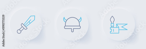 Set line Medieval spear, Viking in horned helmet and sword icon. Vector
