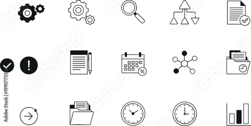 Business workflow and productivity line icon set with management tools organization analytics and office process symbols collection