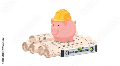 A pink piggy bank wearing a bright yellow safety helmet sits atop a stack of rolled architectural blueprints, next to a professional spirit level on a white background.