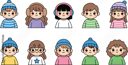 Vector illustration of cartoon children in colorful winter outfits with hats, earmuffs, and cozy accessories