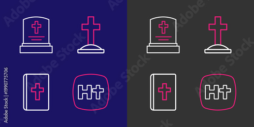 Set line Christian cross, Holy bible book, Grave with and tombstone icon. Vector