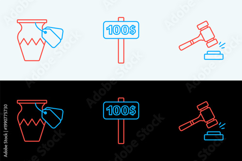 Set line Auction hammer, ancient vase and Hand holding auction paddle icon. Vector