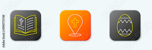 Set line Holy bible book, Location church building and Easter egg icon. Vector