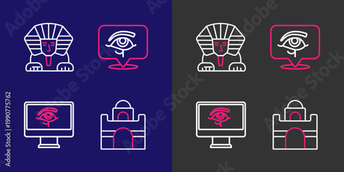 Set line Egyptian house, Eye of Horus on monitor, and Sphinx icon. Vector