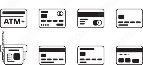Credit cards and automated teller machine icons are displayed in a comprehensive set of clean black and white vector graphics for digital financial interface design and banking mobile applications.