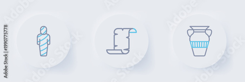 Set line Egyptian vase, Papyrus scroll and mummy icon. Vector