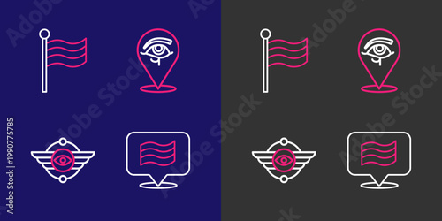 Set line Flag Of Egypt, Egyptian symbol Winged sun, Eye of Horus and icon. Vector