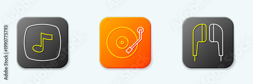 Set line Music note, tone, Vinyl player and Air headphones icon. Vector