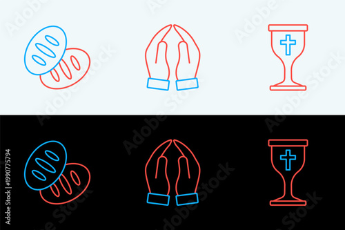 Set line Christian chalice, bread and Hands in praying position icon. Vector