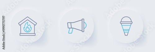 Set line Fire cone bucket, Megaphone and in burning house icon. Vector
