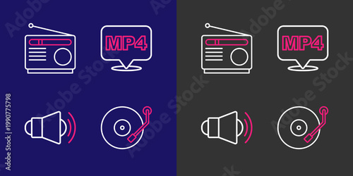 Set line Vinyl player, Megaphone, MP4 file document and Radio icon. Vector