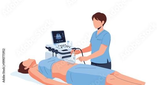A skilled male healthcare professional utilizes a sophisticated diagnostic ultrasound machine to conduct a thorough medical scan on a patient in a clinic.