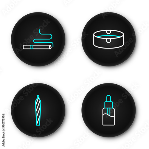 Set line Vape liquid bottle, Marijuana joint, spliff, Ashtray and Cigarette icon. Vector