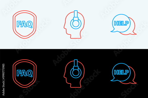 Set line Speech bubble with text Help, Shield FAQ and Support operator in touch icon. Vector