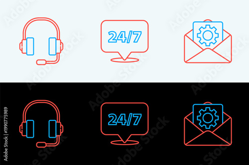 Set line Envelope setting, Headphones and Clock 24 hours icon. Vector