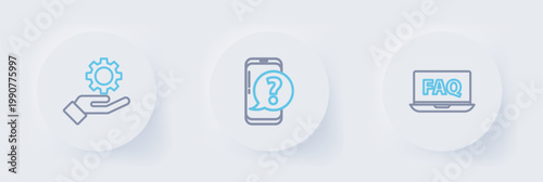 Set line Laptop and FAQ, Mobile phone with question and Settings in the hand icon. Vector