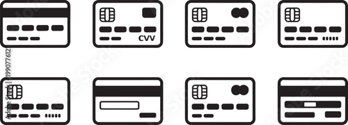 Credit cards appear in a collection of flat monochrome icons illustrating various chip and magnetic strip payment card designs for professional interface and web development applications.