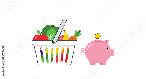 A charming pink piggy bank stands beside a white plastic shopping basket overflowing with colorful healthy fruits and leafy green vegetables on a surface.