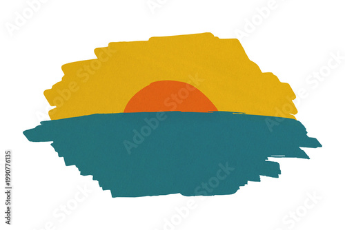 Flat style illustration of yellow sun and blue ocean waves. Isolated summer holiday and tropical beach vacation concept.