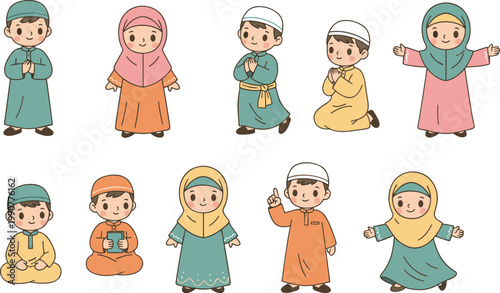 Vector illustration of cartoon children in traditional Islamic clothing with hijabs, tunics, caps, and prayer gestures