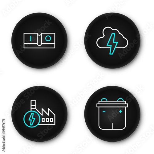Set line Car battery, Nuclear power plant, Cloud and lightning and Electric switch icon. Vector